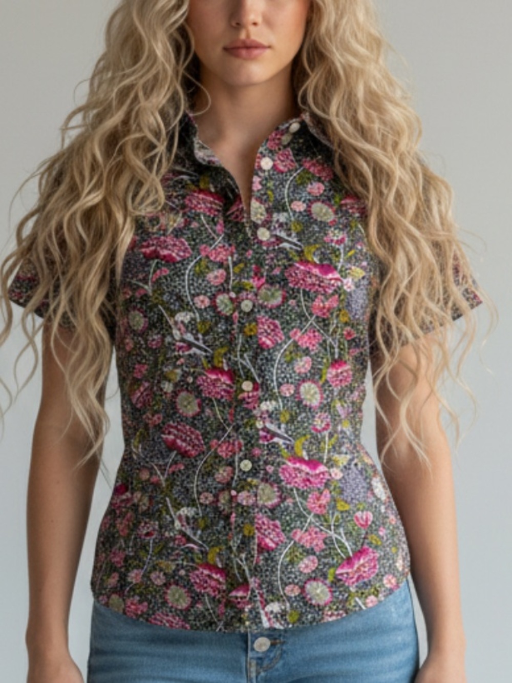 Talbots Petite Floral Blouse in Black, Pink and Green